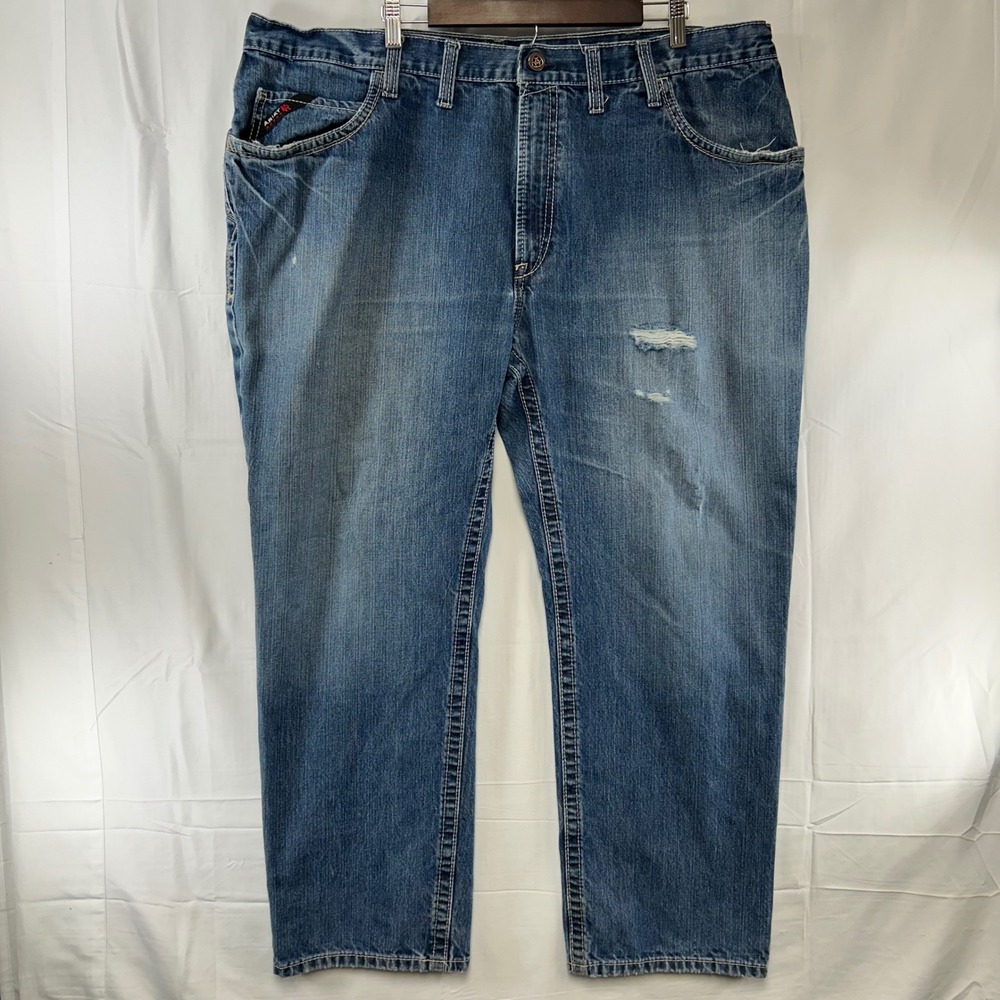 Ariat M4 Low Rise Boot Cut Jeans Mens 46x30 Blue FR Flame Resistant Distressed